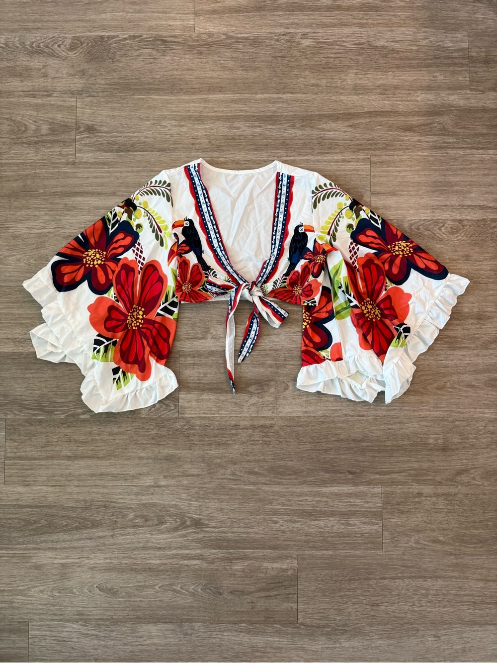 NWOT Tropical Floral Tie-Front Bell Sleeve Crop Top, Size XS
